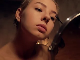 Hot girl does her make up after a shower and sucks my dick